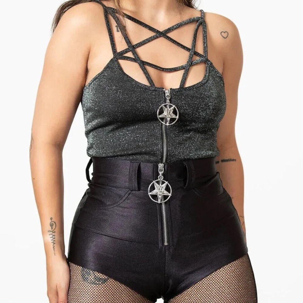Killstar Black Glitter Crop Top with Pentagram Charm